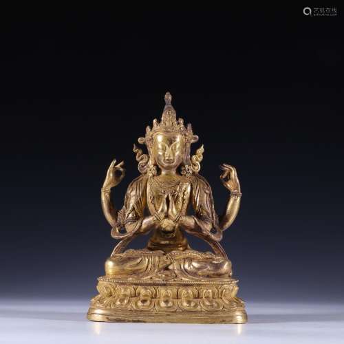 Copper and gold four arm guanyin statuesSpecification: at th...