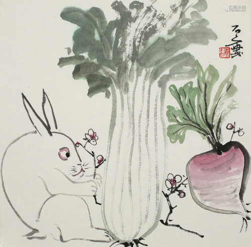 石荣强(b.1973)　梅枝白兔  设色纸本　镜心