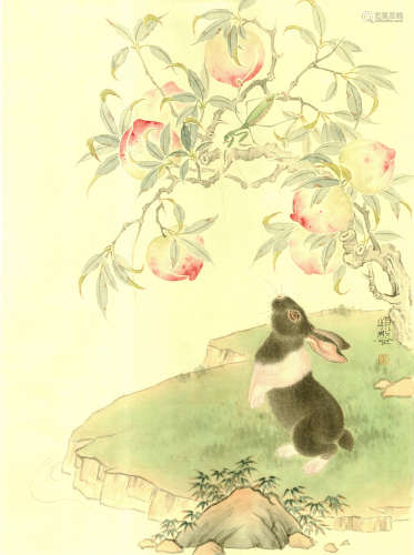 焦俊峰(b.1971)　玉兔献寿  设色纸本　镜心