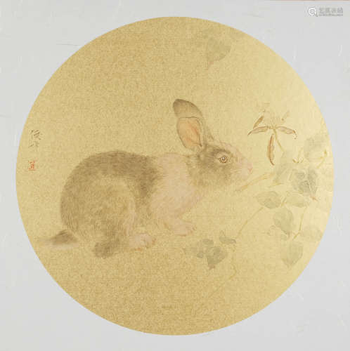 焦俊峰(b.1971)　赏花玉兔  设色纸本　卡纸镜心