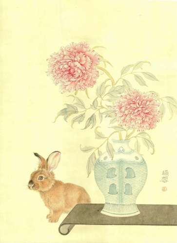 焦俊峰(b.1971)　玉兔牡丹  设色纸本　镜心