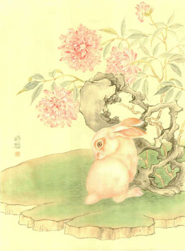 焦俊峰(b.1971)　花下玉兔  设色纸本　镜心