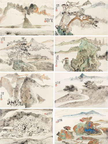 程十发(1921-2007)　山水八景 1988年作 设色纸本　册页