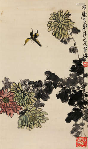 齐白石(1864-1957)　菊蝶图 1938年作 设色绢本　立轴