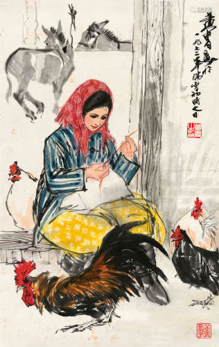 黄胄(1925-1997)　织衣图 1972年作 设色纸本　立轴