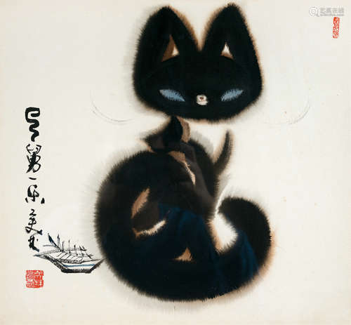 韩美林(b.1936)　猫  设色纸本　镜心