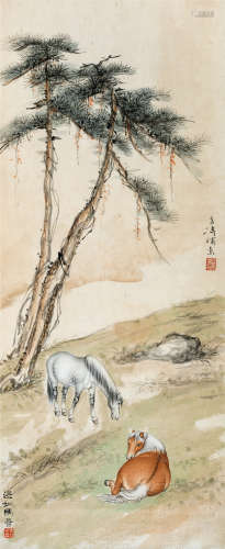 王雪涛(1903-1982)、马晋(1900-1970)　双骏图  设色纸本　镜心