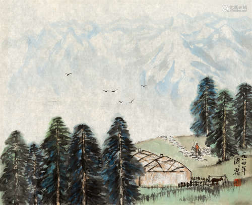 方济众(1923-1987)　雪山放牧 1984年作 设色纸本　镜心