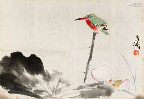 王雪涛(1903-1982)　荷花翠鸟  设色纸本　镜心