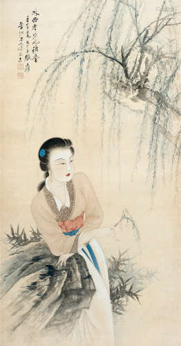 张大千(1899-1983)　柳荫仕女 1942年作 设色纸本　立轴
