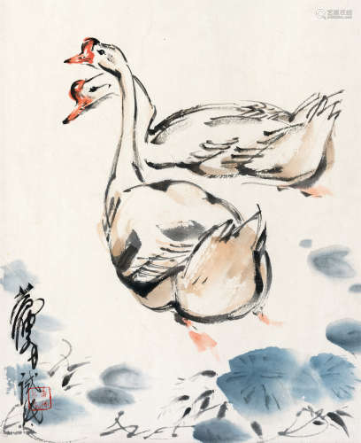 黄胄(1925-1997)　白毛浮绿水  设色纸本　镜心