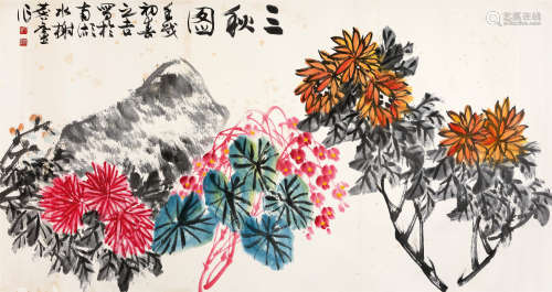 许麟庐(1916-2011)　三秋图 1982年作 设色纸本　镜心