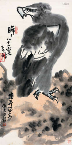 李苦禅(1899-1983)　鹰石图  设色纸本　立轴