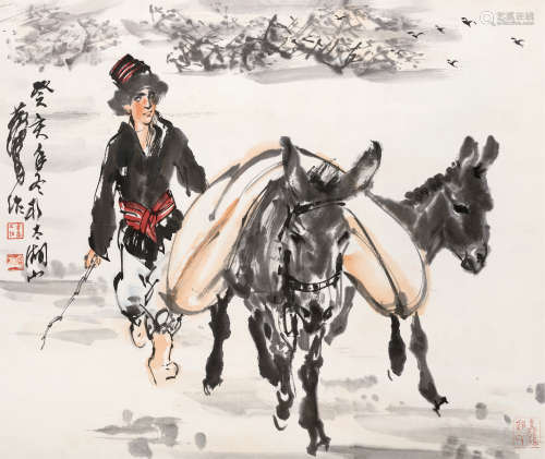 黄胄(1925-1997)　牧驴图 1983年作 设色纸本　立轴