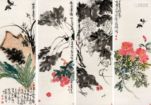 许麟庐(1916-2011)　花卉四屏  设色纸本　立轴