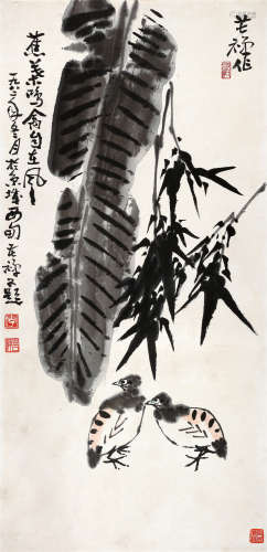 李苦禅(1899-1983)　芭蕉双鹌 1982年作 设色纸本　立轴