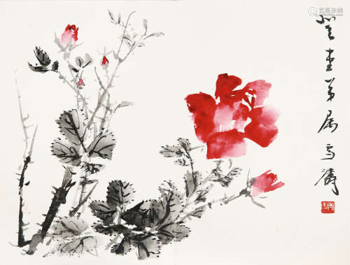 王雪涛(1903-1982)　月季花  设色纸本　镜心