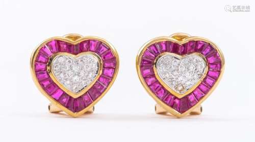 14K Yellow Gold Ruby & Diamond Heart Earrings