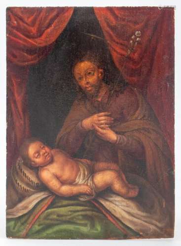 Spanish School Saint & Infant Jesus Oil on Panel