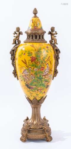 Chinese Ormolu Mounted Porcelain Urn Vase & Cover