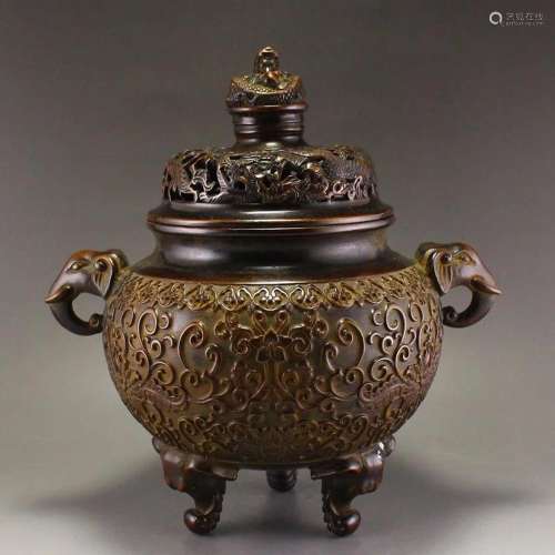 Openwork Chinese Ming Dynasty Bronze Lucky Dragon Incense Bu...