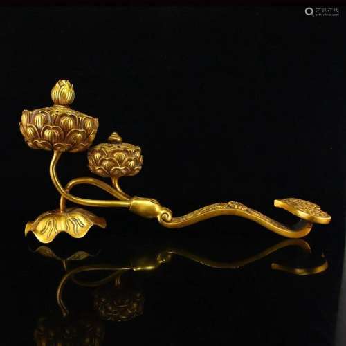 Vintage Chinese Gilt Gold Bronze Ruyi Lotus Flower Incense B...