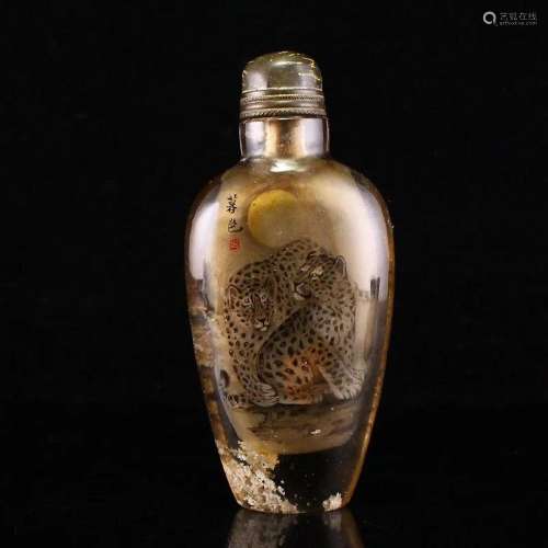 Chinese Qing Dynasty Crystal Inside Painting Snuff Bottle