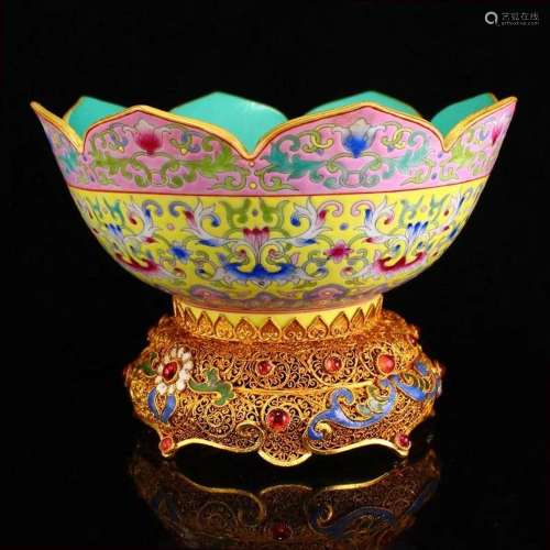 Gilt Edge Famille Rose Porcelain Bowl & Gold Wire Enamel...