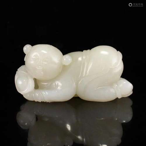 Chinese Qing Dynasty Hetian Jade Fortune Kid Statue
