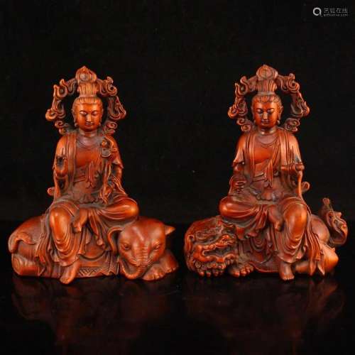 Boxwood Manjusri & Samantabhadra Boddhisattva Statues