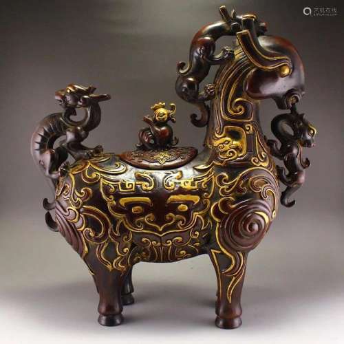 10 Kg Superb Chinese Gilt Gold Red Copper Divine Beast Statu...