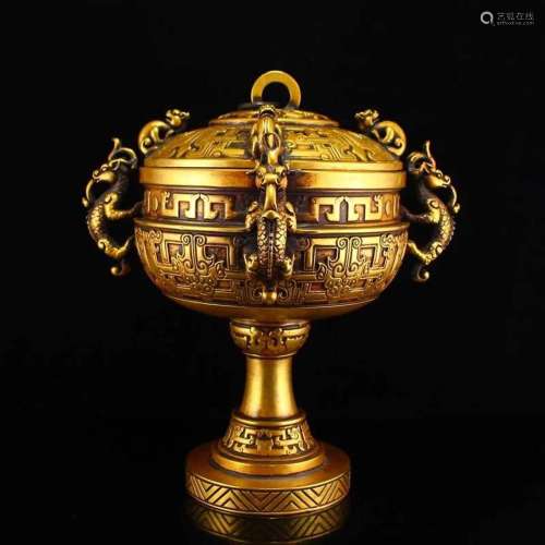 Ming Dynasty Gilt Gold Bronze Lucky Dragon Food Box - Dou