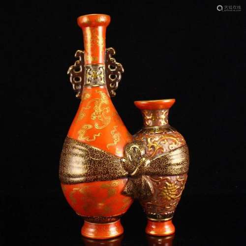Chinese Gilt Gold Iron Red Glaze Conjoined Porcelain Vase