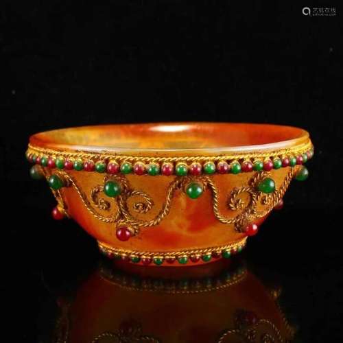 Vintage Inlaying Gold Wire & Gem Agate Bowl