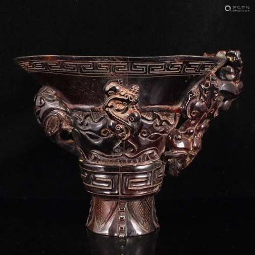 Vintage Ox Horn High Relief Chi Dragon Wine Cup