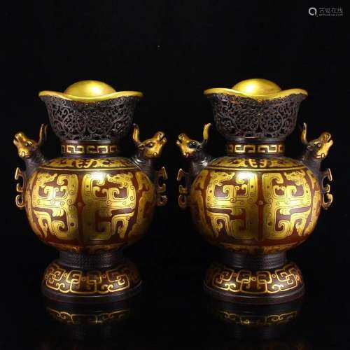 A Pair Chinese Ming Dynasty Gilt Gold Red Copper Pot