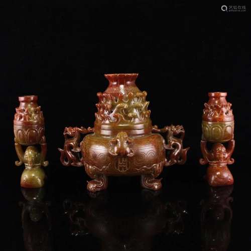 Set Three Superb Vintage Chinese Hetian Jade Incense Burner