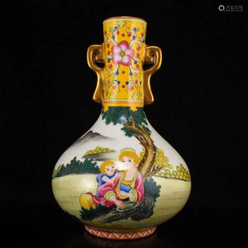 Chinese Gilt Gold Enamel Poetic Prose Figure Porcelain Vase