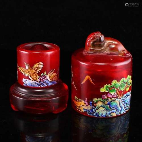 Vintage Chinese Famille Rose Peking Glass Thumb Ring w Box