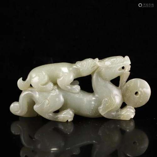 Chinese Natural Hetian Jade Double Beast Pendant