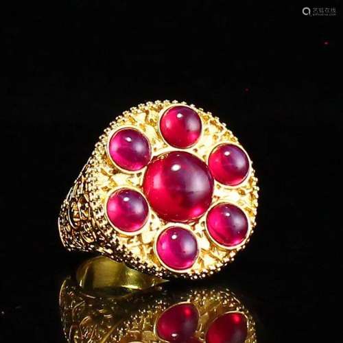 Beautiful Gilt Gold Red Copper Inlay Ruby Ring Adjustable Si...