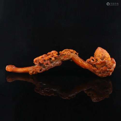 Superb Qing Dynasty Ox Horn Pine Tree & Squirrel Ruyi St...