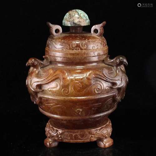 Superb Vintage Chinese Hetian Jade Divine Beast Pot w Hetian...