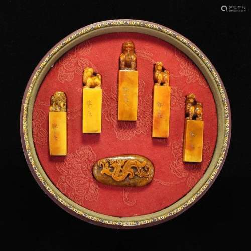 Set 6 Chinese Qing Dynasty Tianhuang Stone Beast Seals w Box