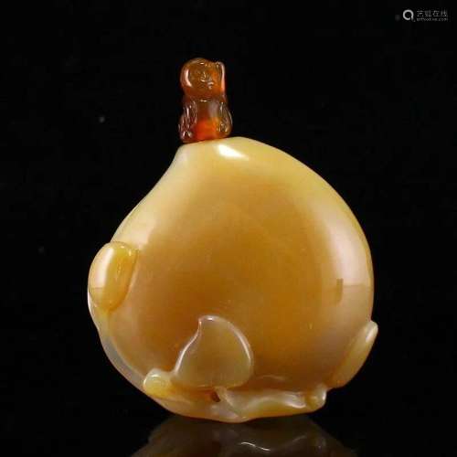 Chinese Agate Carved Monkey & Peach Snuff Bottle