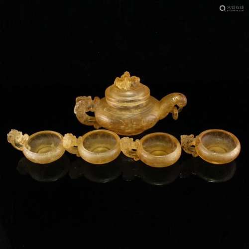 A Set Vintage Chinese Crystal Fortune Dragon Teapot & Cu...