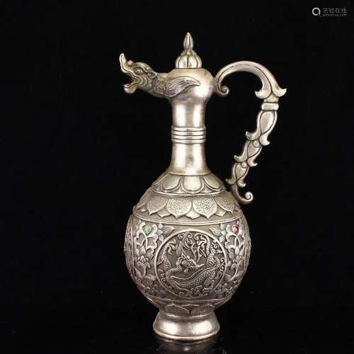 Vintage Chinese White Copper Inlay Gem Dragon Head Wine Pot