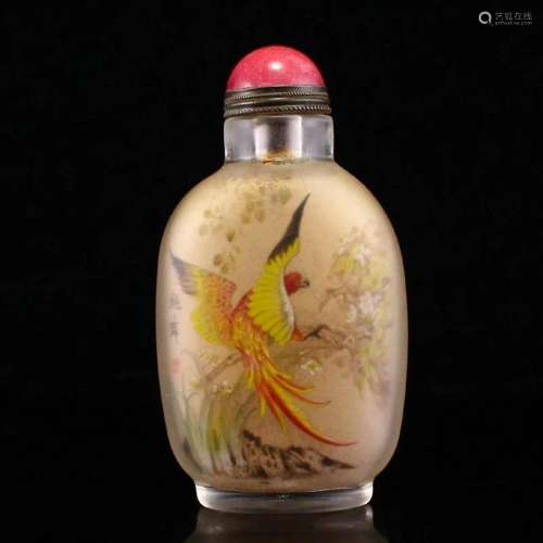 Vintage Chinese Peking Glass Inside Painting Bird Snuff Bott...