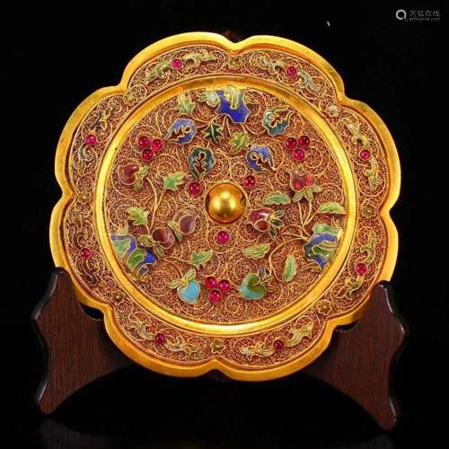 Chinese Gold Wire Enamel Inlay Ruby Gilt Gold Bronze Mirror