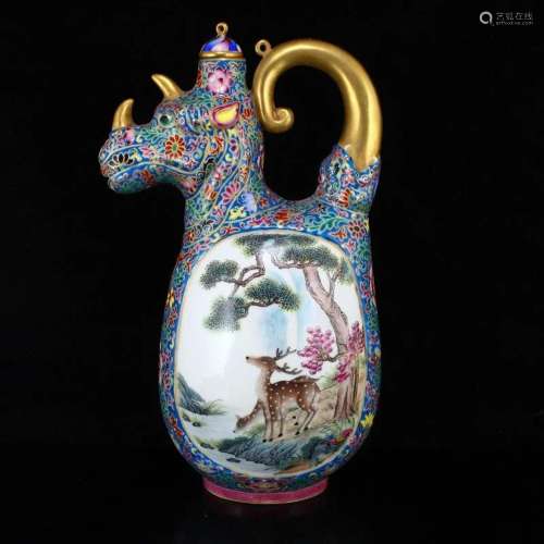 Chinese Gilt Gold Famille Rose Beast Head Porcelain Wine Pot